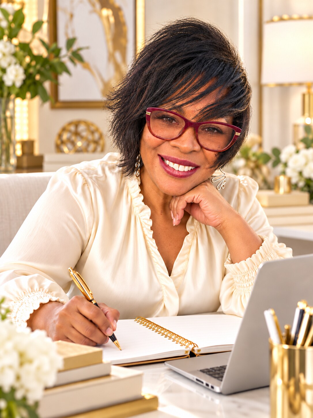 Pastor Anita writing and developing books, guides, and educational resources