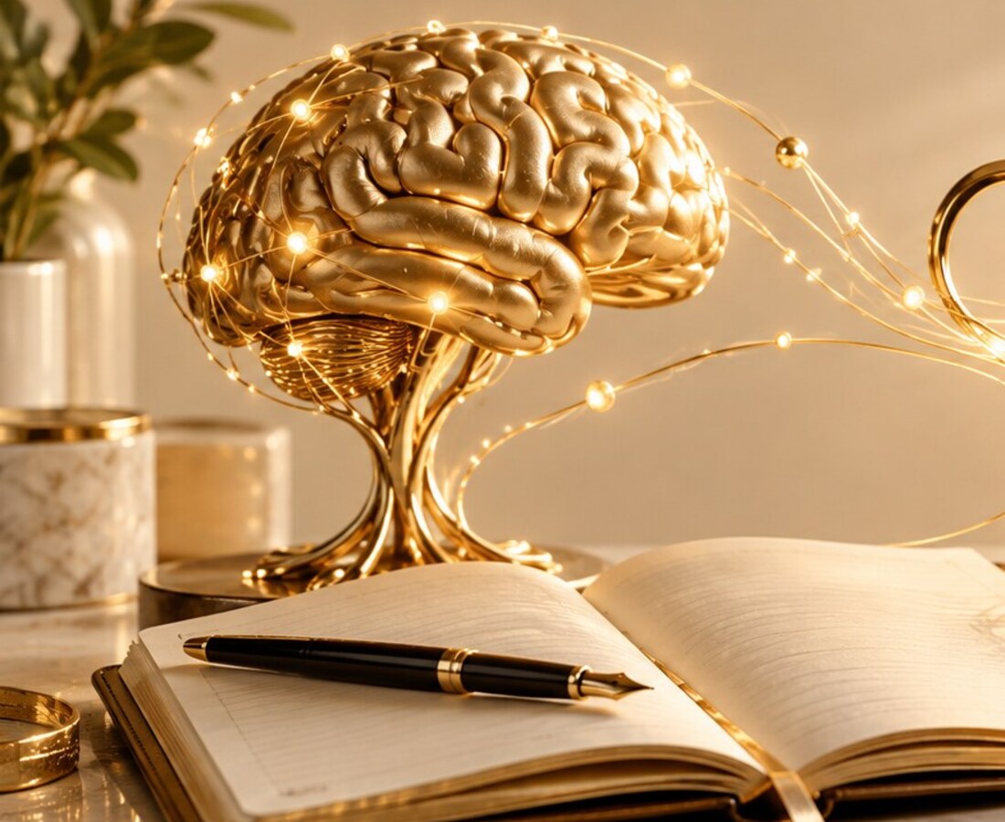 Golden brain illuminated with connecting light, representing ideas and creative development